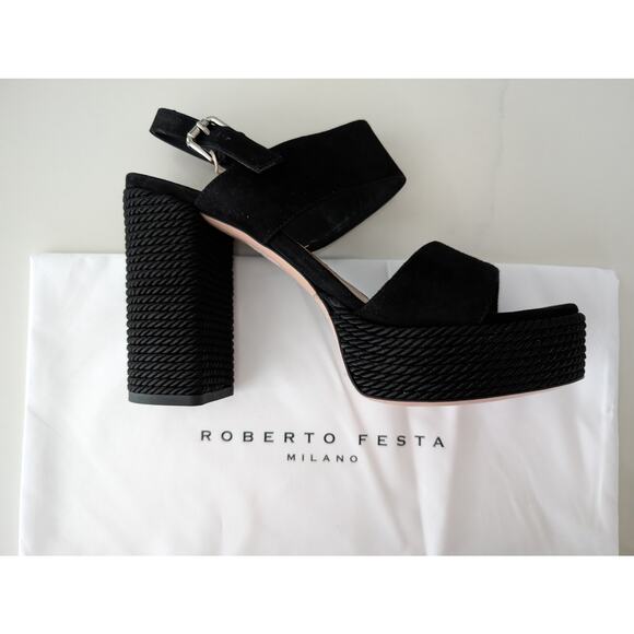 NIB Roberto Festa Milano Suede Sandals Black  EU39.5 US 9.5 120mm Heels Italian - Picture 4 of 9